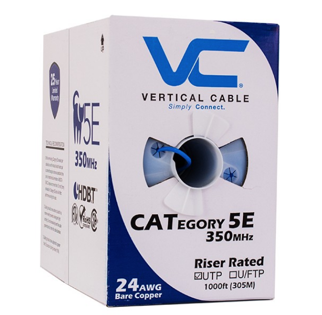 Cat5E 24AWG UTP 8C Solid Bare Copper 350MHz Riser Rated PVC Jacket With FT4-CMR 1000ft Pull Box